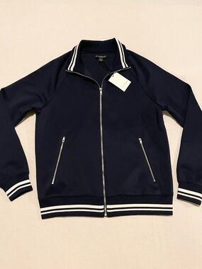 en THREAD Navy Blue Full Zip Track Jacket Sporty White Stripes Size Small Flaws